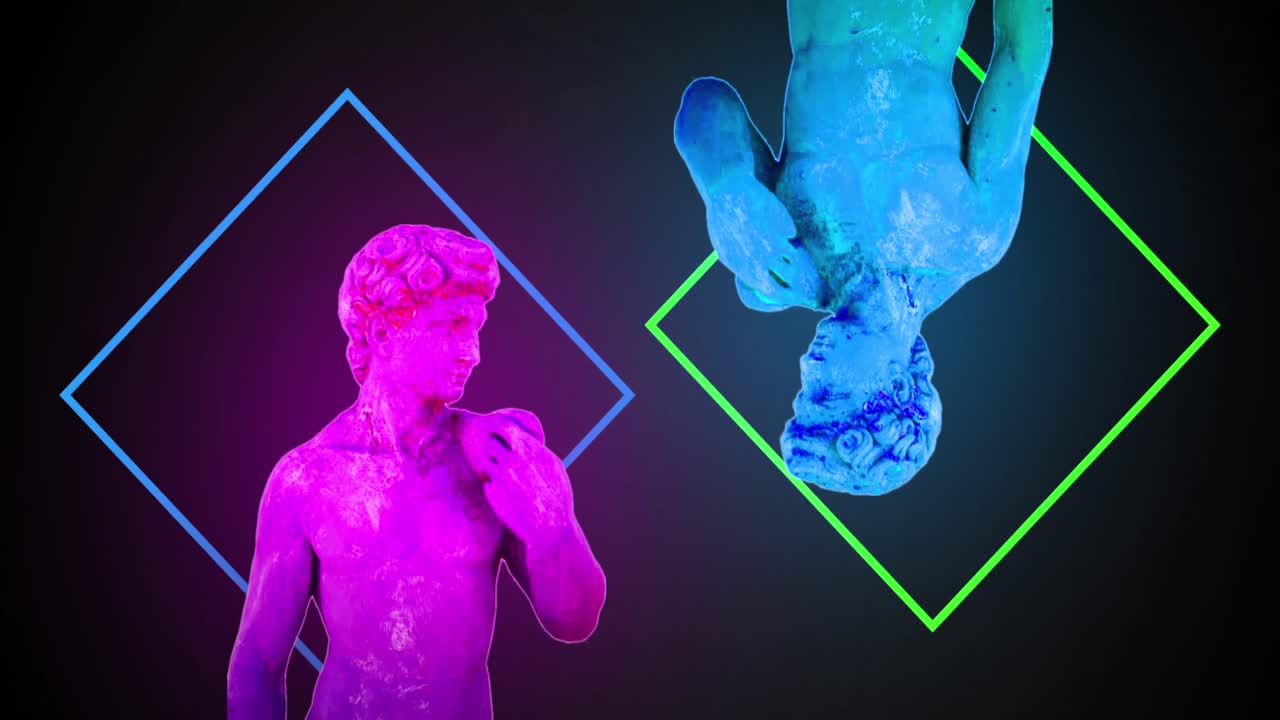 검은색 배경의 네온 사각형 위에 움직이는 고대 조각품 부스트의 애니메이션