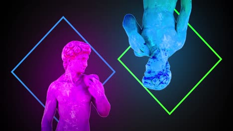 animación de bustos de esculturas antiguas con glitch moviéndose sobre cuadrados de neón sobre fondo negro.