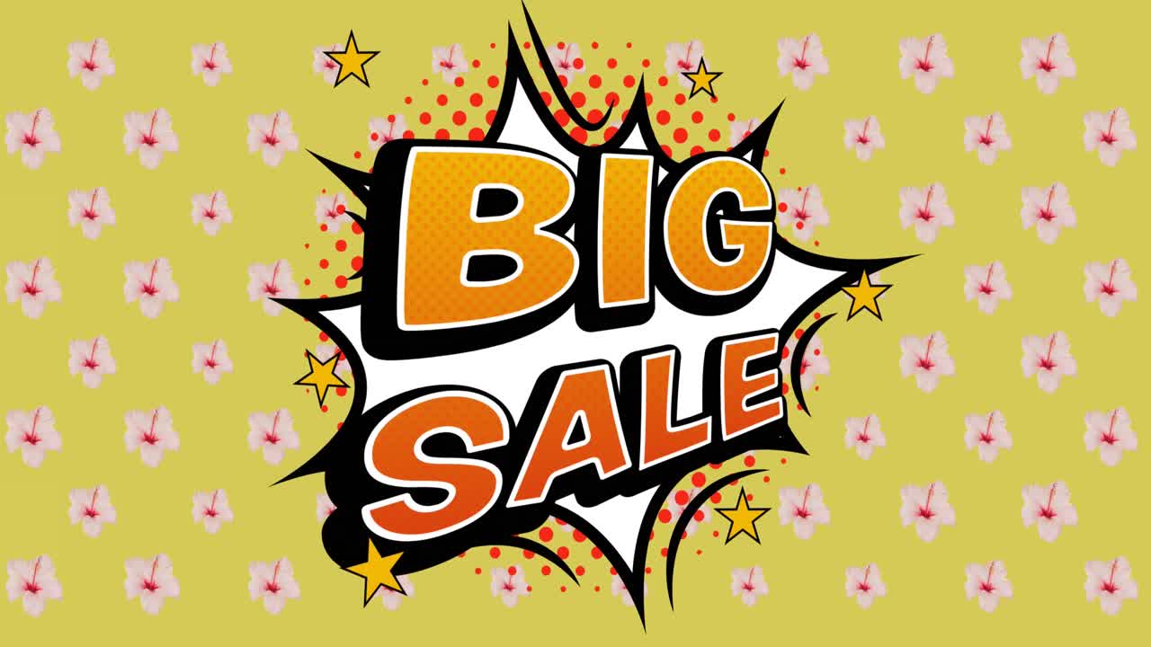 animación de texto de gran venta sobre burbuja de habla y flores que se mueven en movimiento hipnótico