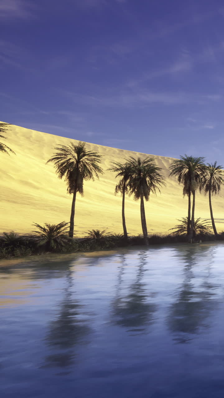 Palme vicino all'acqua e dune di sabbia in un paesaggio desertico di giorno