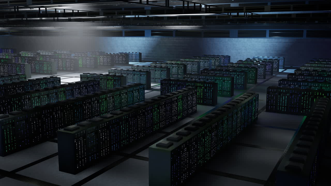 Server cabinets in dimly lit data center, aerial shot
