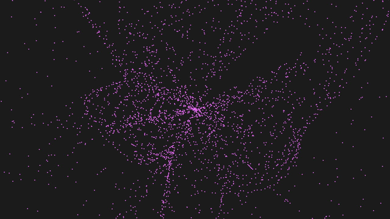 Dynamic footage of countless glowing purple particles scattered across a dark background, forming an abstract swirling field that suggests data visualization, starfield motion, or futuristic space