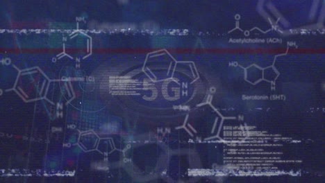 Animación-De-Interferencia-Sobre-Fórmula-Química-Y-Procesamiento-De-Datos-Sobre-Fondo-Azul