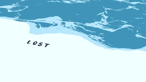 플랫 디자인 애니메이션, 3d 바다, 바닥에 쓰여진 잃어버린 단어가 있는 루프 서핑