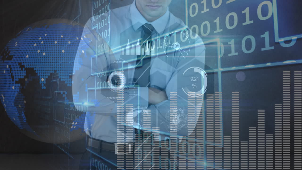 animación del procesamiento de datos financieros sobre el hombre de negocios