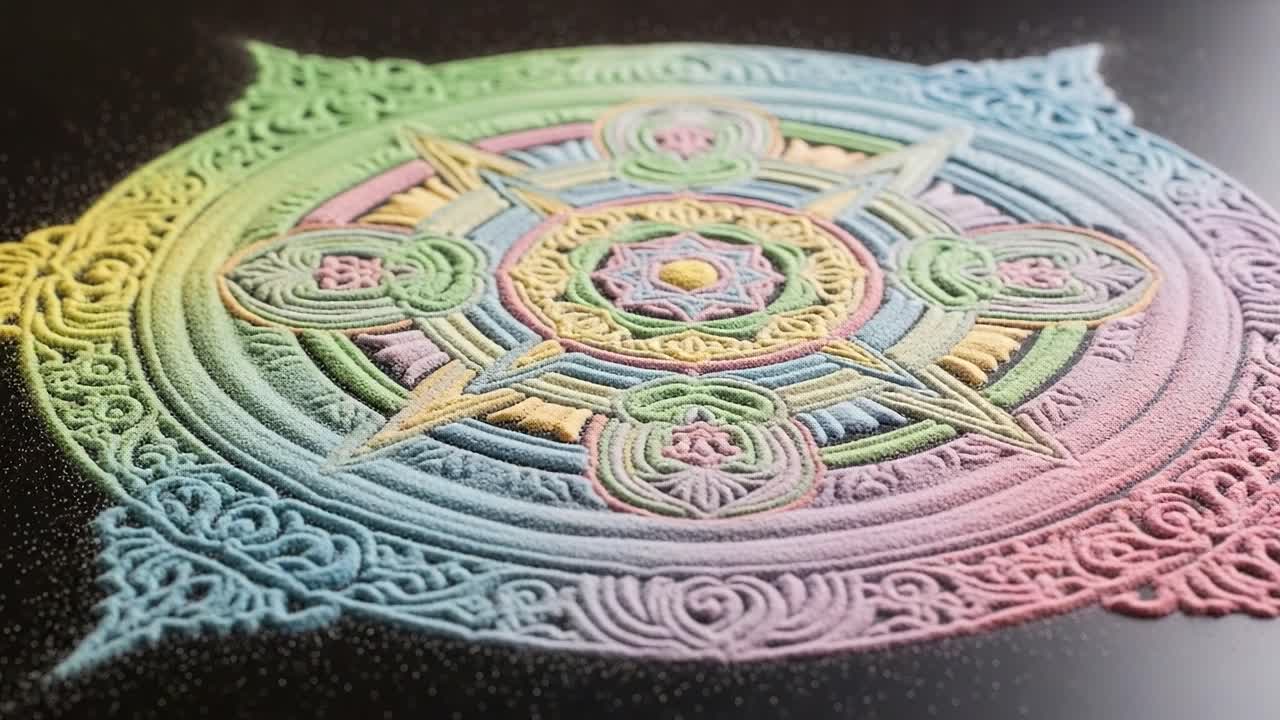 A Vibrant Sand Mandala: An Intricate Artwork Created with Colorful Sand, Showcasing Circular Patterns and Detailed Symmetry in an Artistic Expression of Beauty and Serenity