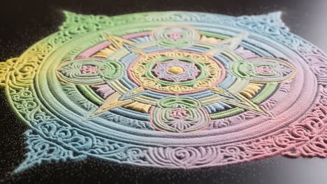 a vibrant sand mandala: an intricate artwork created with colorful sand, showcasing circular patterns and detailed symmetry in an artistic expression of beauty and serenity