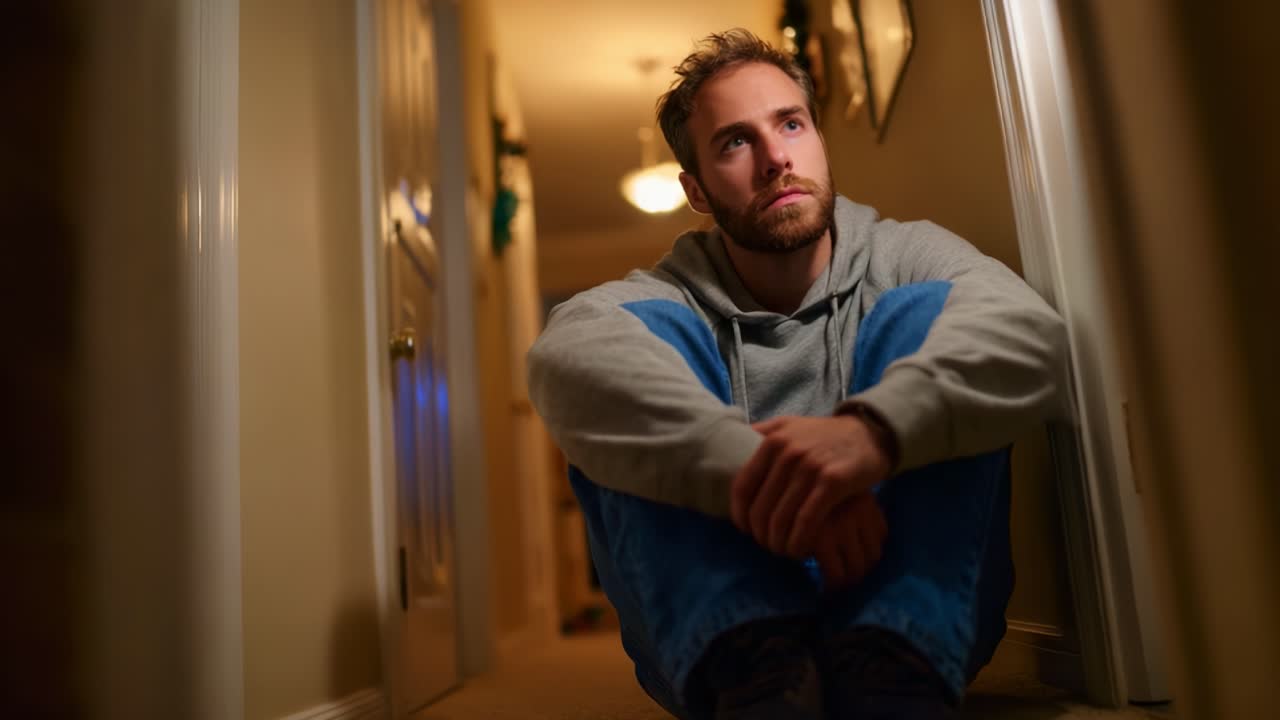 Un joven contemplativo sentado en el suelo de un pasillo, reflexionando en silencio en su soledad, personificando pensamientos y emociones durante un momento privado de introspección