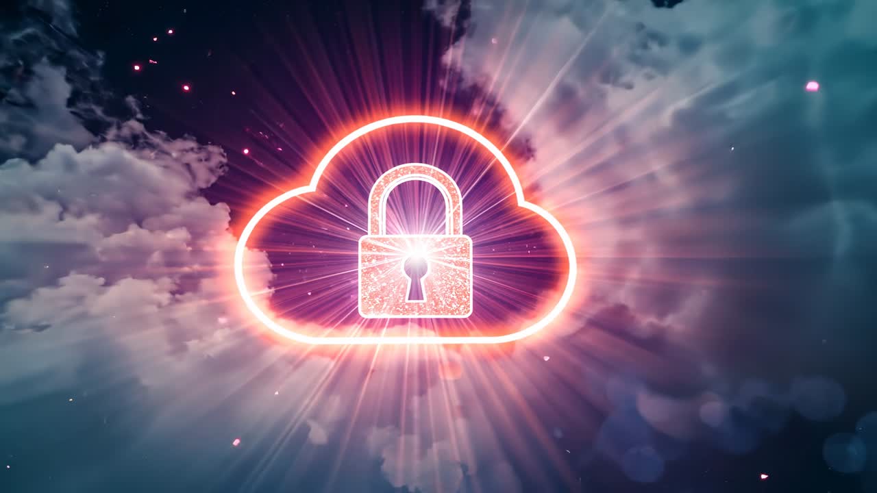 Emerging neon cloud outline brightening padlock in dusk sky, with radiant beams, spark particles