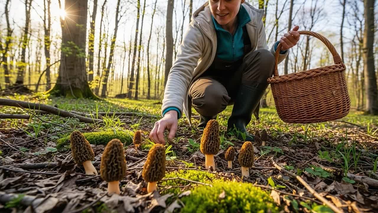 Discovering the Delights of Nature: A Forager Collecting Morel Mushrooms in a Sunlit Forest During Springtime Exploration