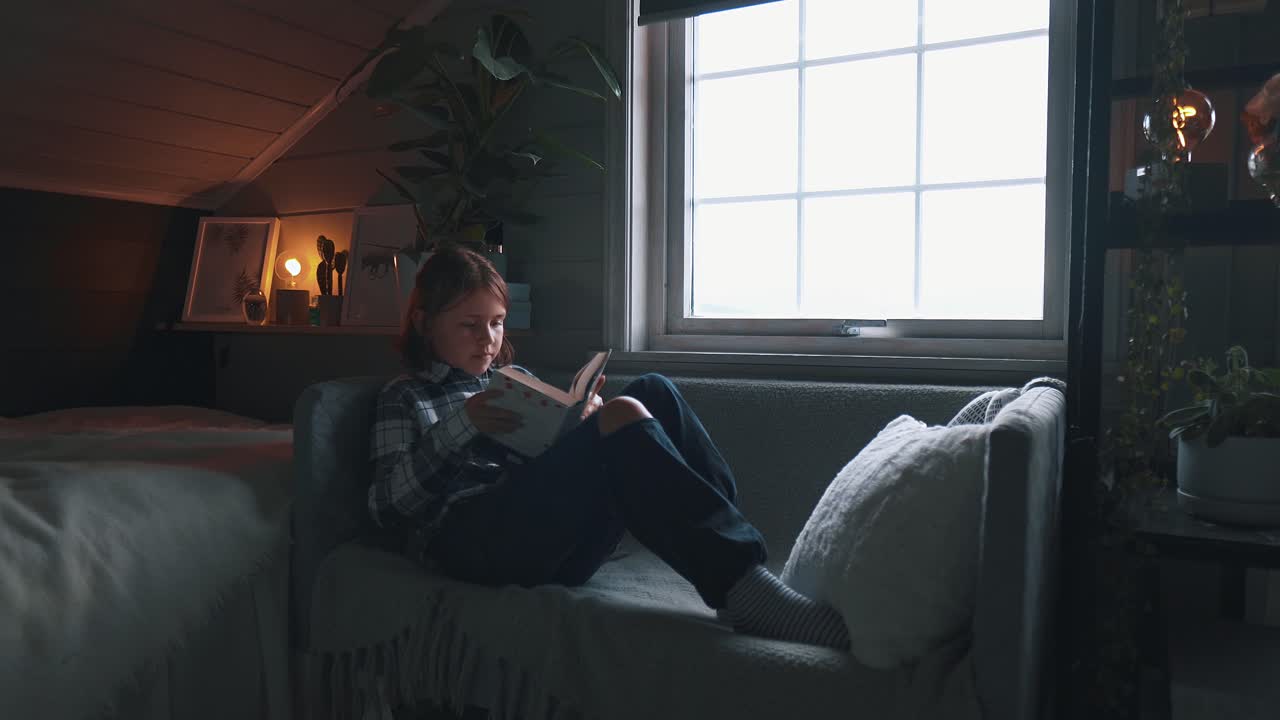 Girl picking up a book and makes herself comfortable on a couch and starts reading. Slight camera pan