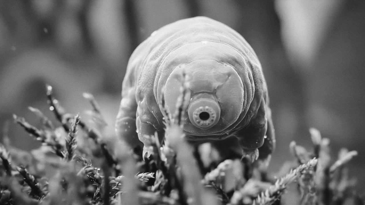 Mikroskopisches Bärtierchen kriecht in extremer Makroaufnahme über Moos, wobei die Beine treten und der Körper sich biegt