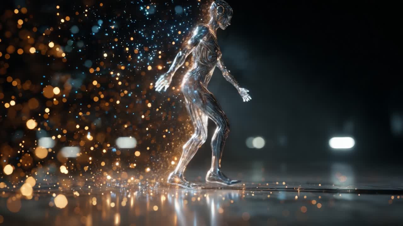 A Dynamic Digital Dancer: A Futuristic Representation of a Human Figure Composed of Sparkling Particles in Motion, Capturing the Essence of Art and Technology