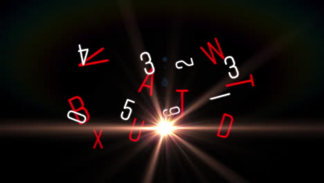 animation of changing white numbers and red letters and moving light on black background