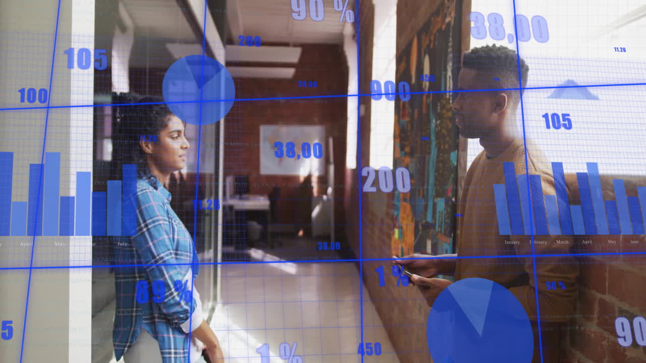 Animation of data processing and diagrams over diverse colleagues discussing work