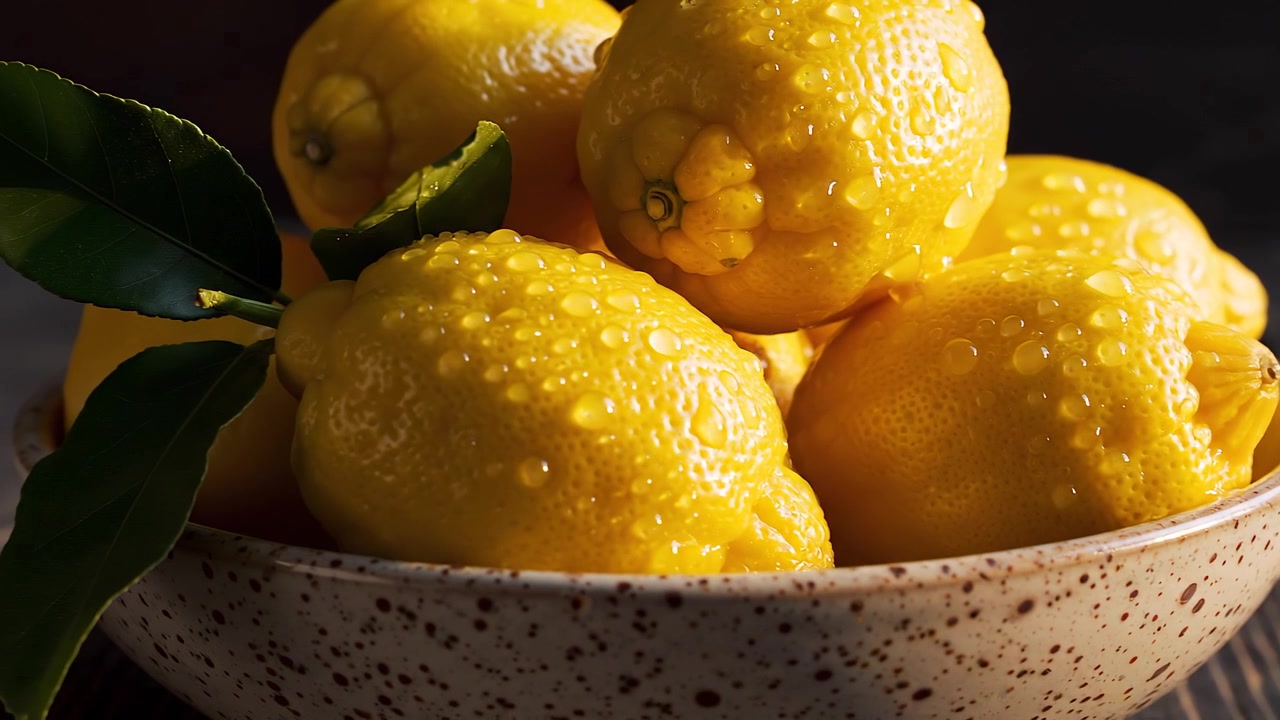 Limoni freschi con gocce d'acqua in una ciotola su un tavolo di legno