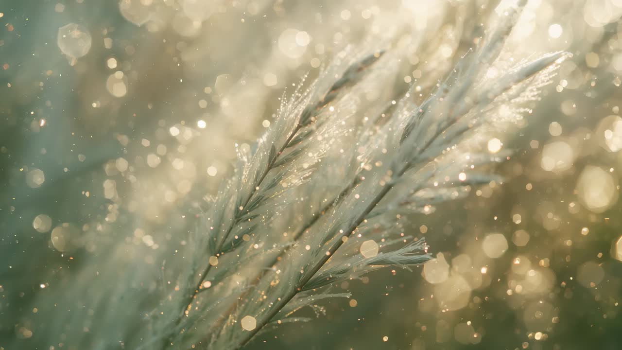 To sivfrøhoder vugger i brisen og fanger dugg, med glitrende gyllen bokeh på en solbelyst eng.