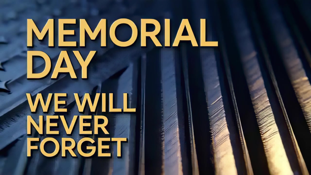 Showing gold MEMORIAL DAY WE WILL NEVER FORGET studio lighting shifting across flag ridges honoring