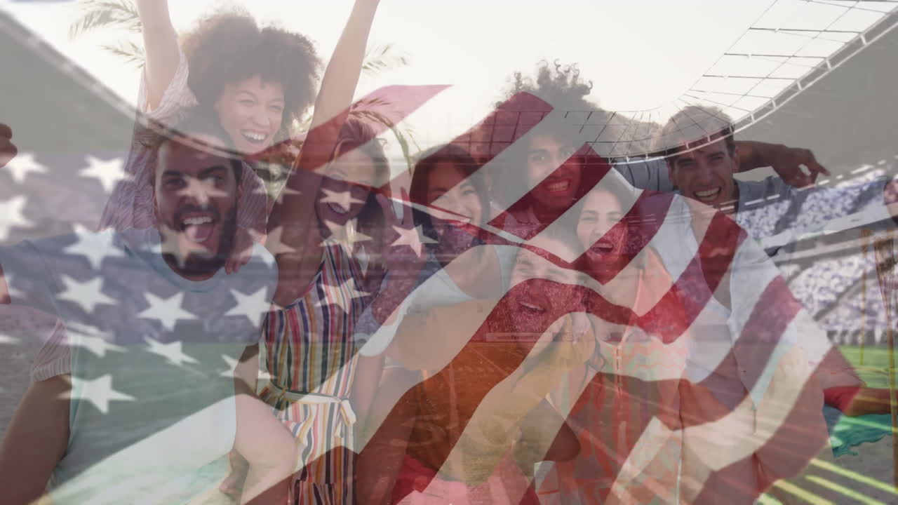 Celebrating in stadium, diverse group waving American flag with animation overlay
