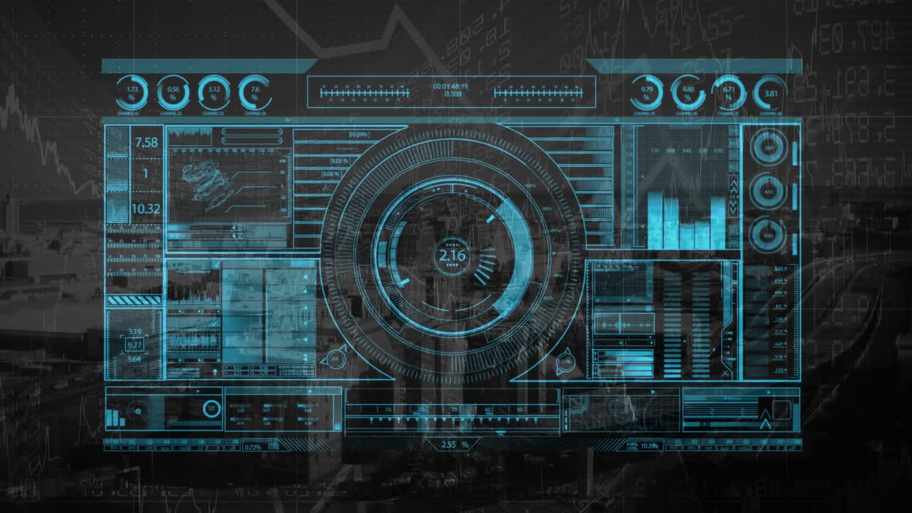 animación del procesamiento de datos financieros sobre el paisaje urbano