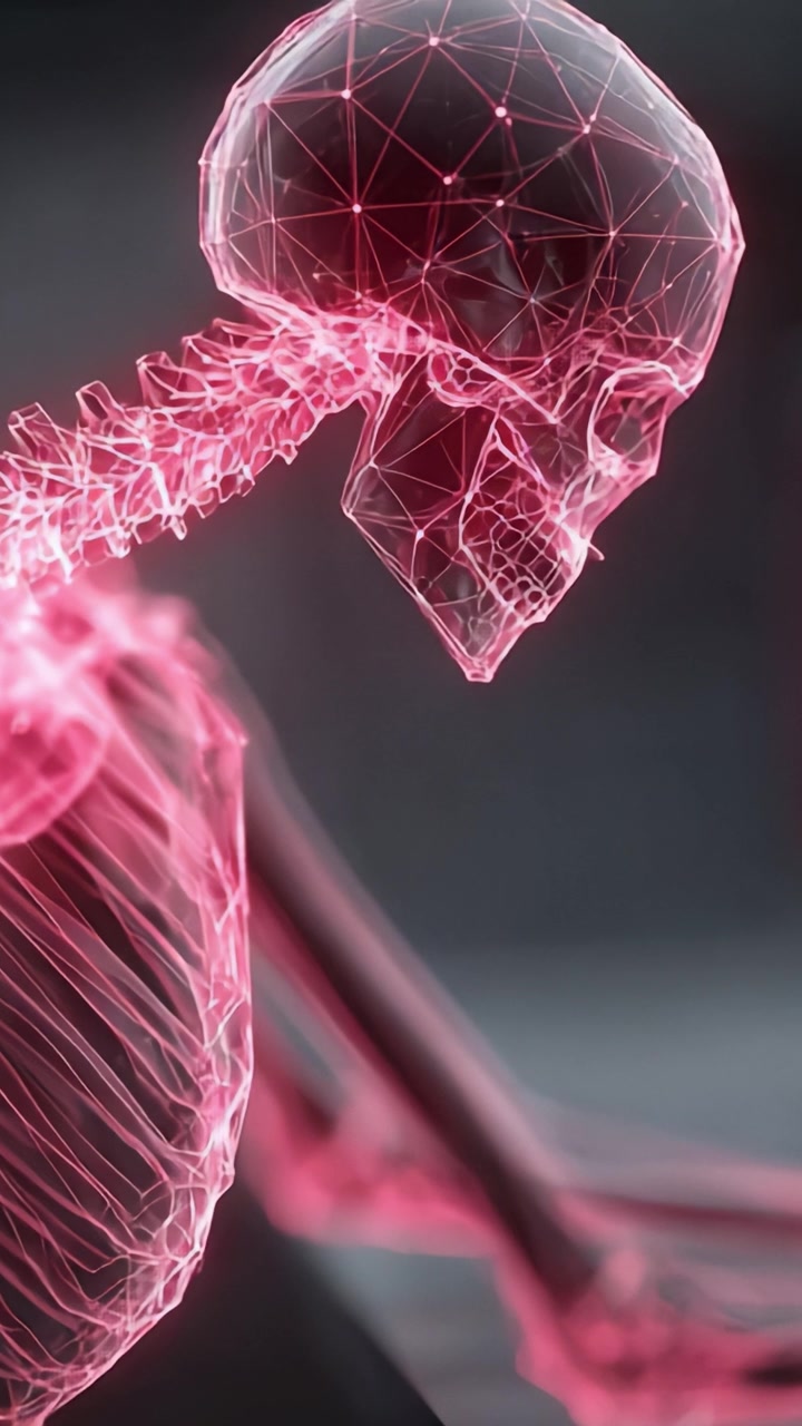 Una Splendida Sezione Trasversale di un Modello Anatomico che Presenta uno Scheletro Futuristico con un Design a Wireframe Luminoso, Illuminando la Bellezza dell'Anatomia Umana