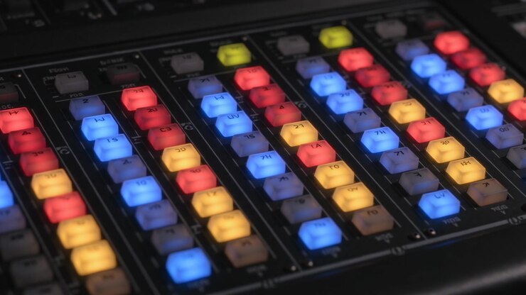 Focusing camera on backlit button grid at control desk showing LED shifts for status, numbered caps