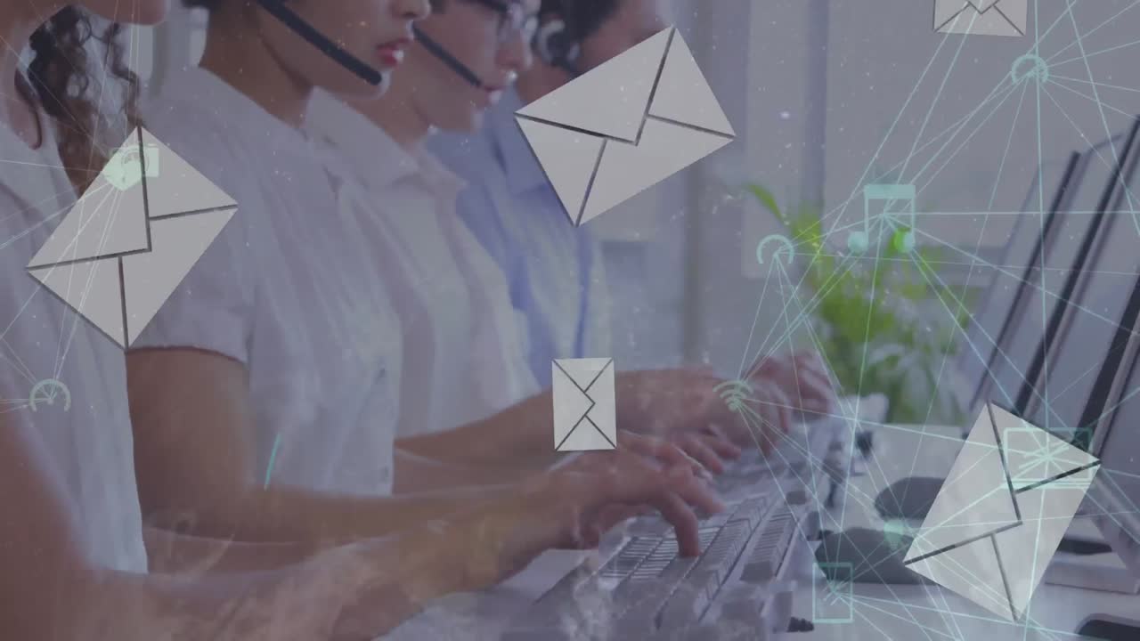Animazione di rete di connessioni con icone su persone d'affari che usano cuffie telefoniche