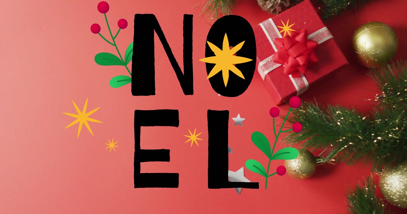 Trait de pinceau noir formant le mot NOEL, des brindilles apparaissent, une étoile grandissante remplit le O, des étoiles se déplacent pour créer une carte