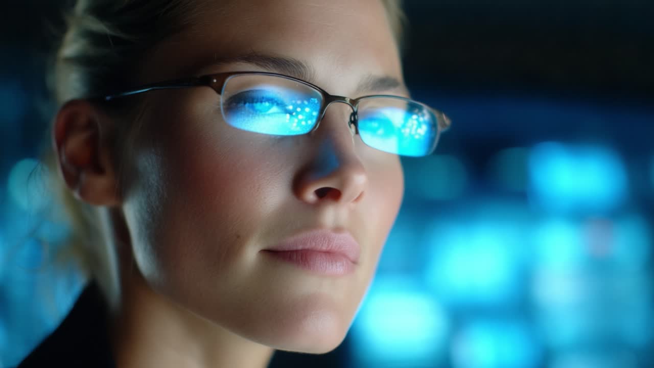 A focused individual with glasses examines digital information, showcasing the interplay between human curiosity and advanced technology within a vibrant visual environment