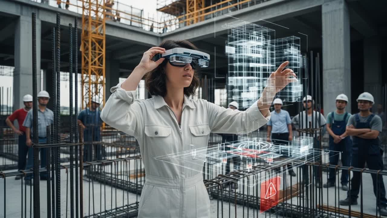 A Construction Worker Utilizing Augmented Reality Glasses to Visualize Project Designs While Collaborating with Fellow Workers on a Building Site