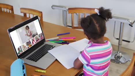 Schoolgirl-using-laptop-for-online-lesson-at-home,-with-diverse-teacher-and-class-on-screen