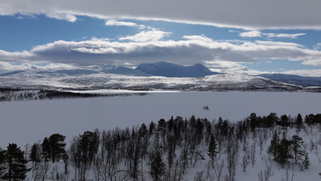 Birds-eye-of-winter-forest-and-frozen-snow-covered-lake-to-mountain-background