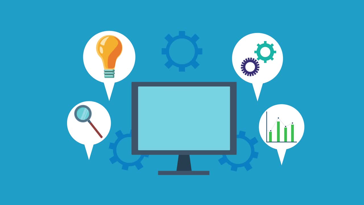 desktop computer with business set icons