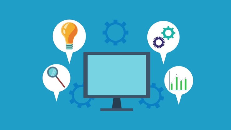 desktop computer with business set icons
