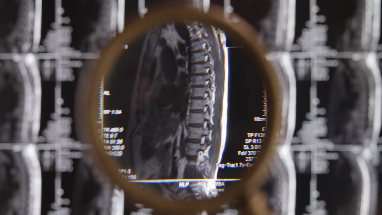 resonancia magnética de fondo de la columna lumbar, tomografía por resonancia magnética. el médico examina la resonancia magnética de la columna lumbar con discos pellizcados de la columna vertebral y los nervios.