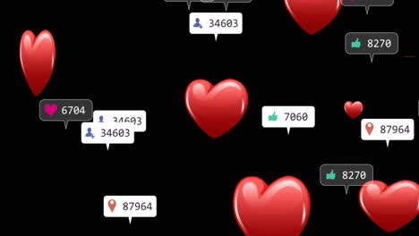 animation of hearts and social media reactions over black background