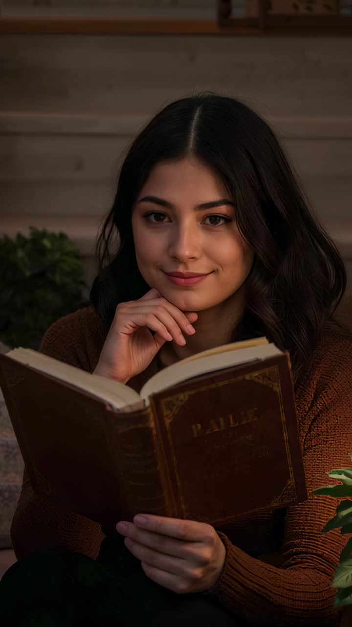 Video verticale: donna che apre un libro usato e legge su gradini di legno, con un maglione marrone, poi alza lo sguardo