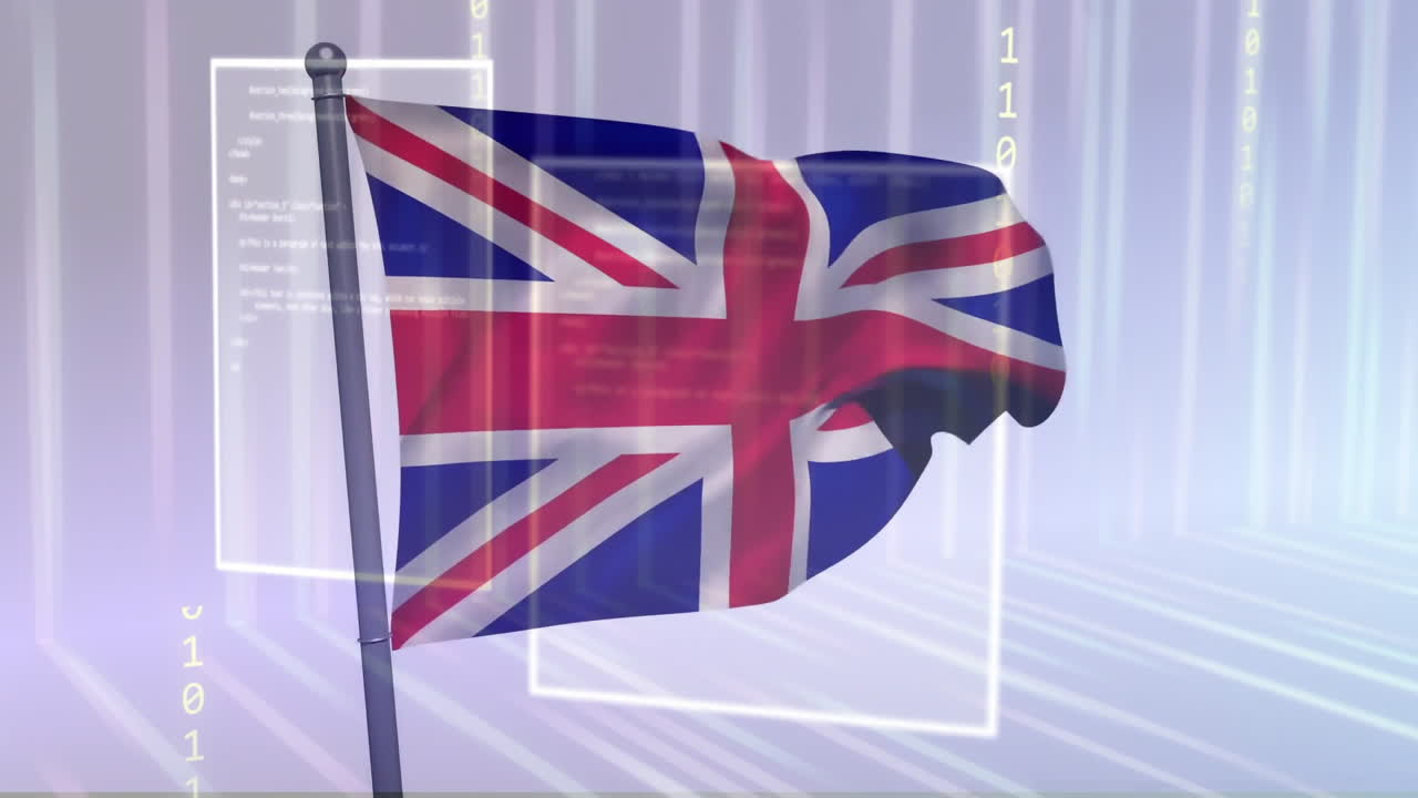 유니온 발이 디지털 데이터 프로세싱 애니메이션 위에 흔들리고 있습니다.