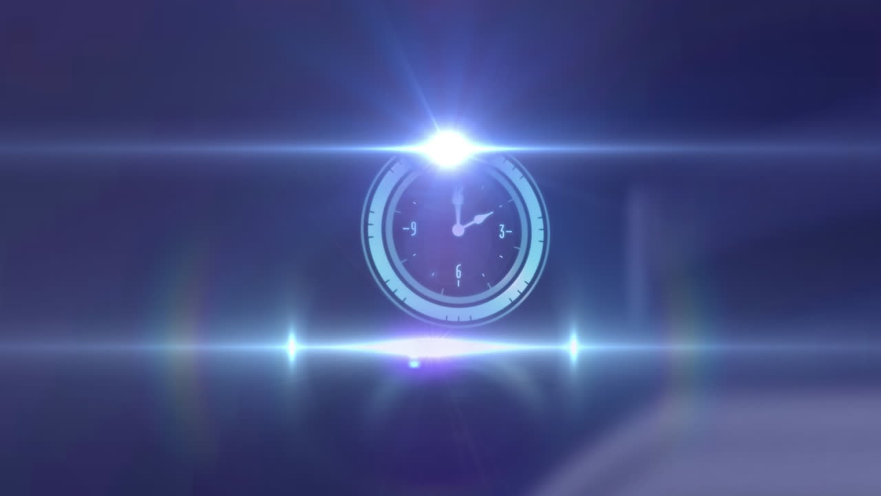 Animation of rotating safe lock with clock over light trail on blurred background