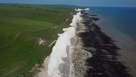 Hermosos-Acantilados-De-Tiza-Blanca-Inglesa,-Seven-Sisters-Beachy-Head,-Vista-Aérea