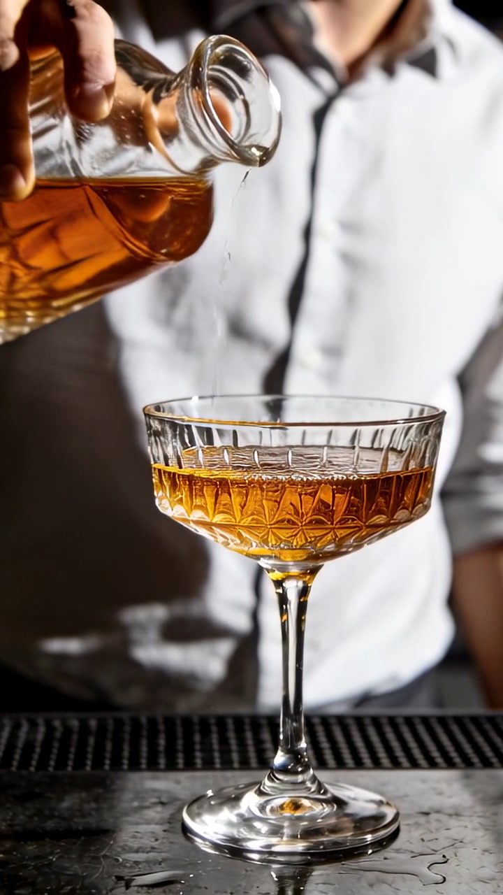 Vertical video: From left decanter, barman pouring amber drink into crystal coupe, controlling pour