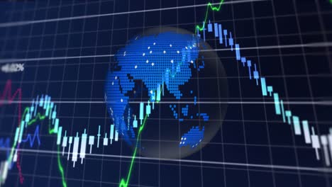 financial data processing over grid network against spinning globe icon on blue background