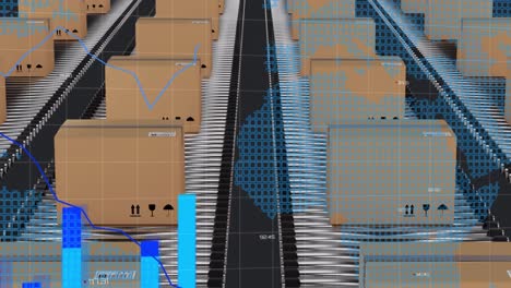 animation of statistics processing over world map and cardboard boxes on conveyor belts