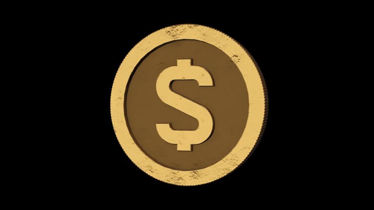Dollar gold coin rotates on its axis. Transparent background