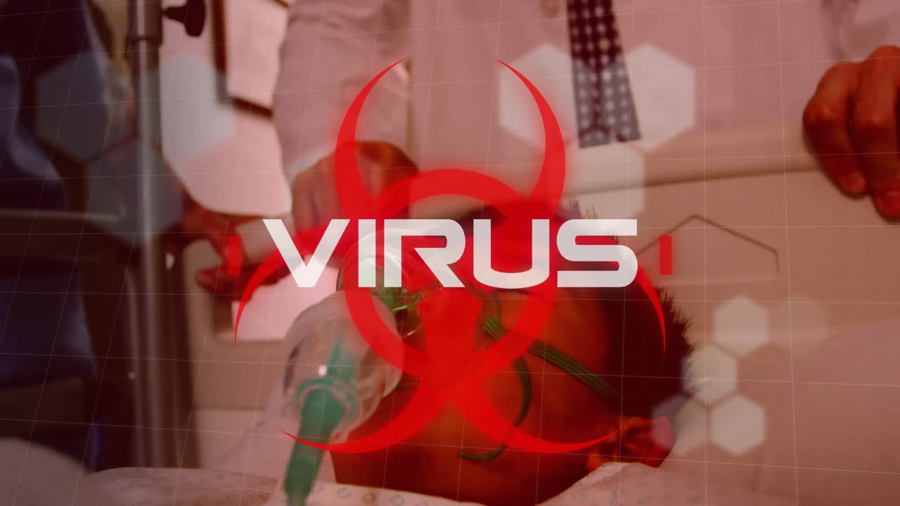 la palabra virus escrita sobre un cartel de peligro para la salud con un paciente siendo tirado por los médicos en el fondo