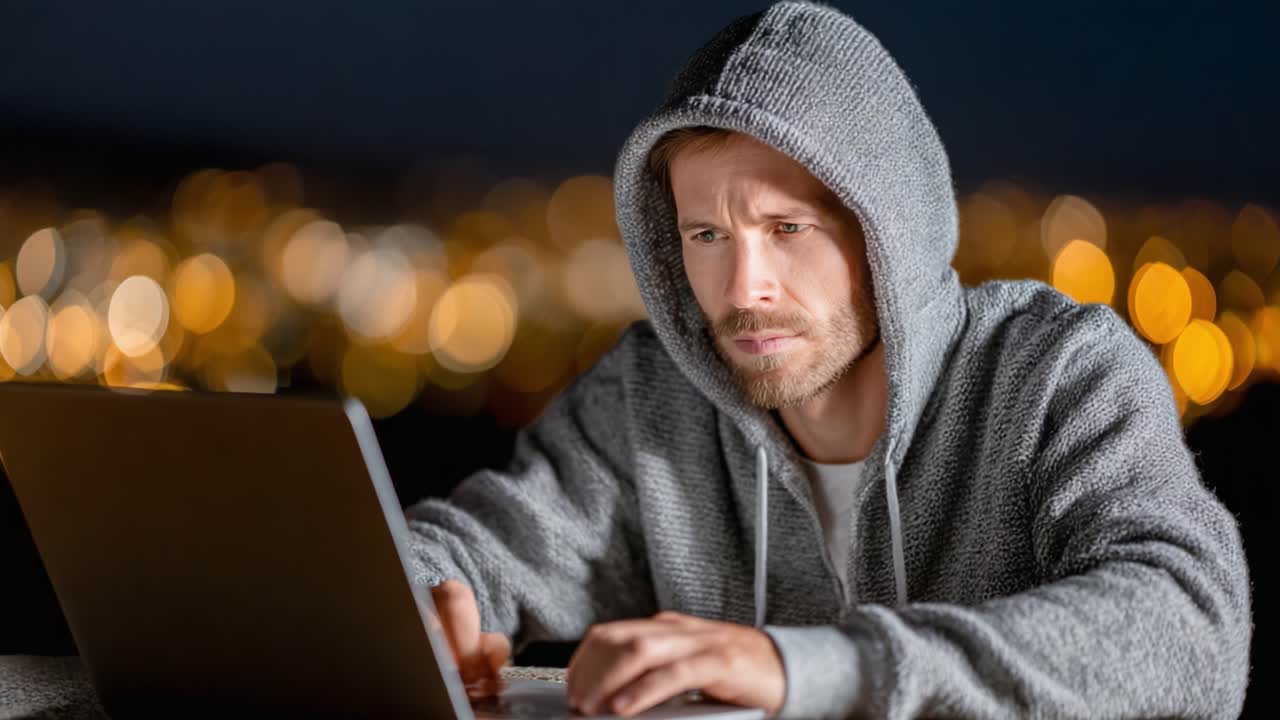 Um indivíduo concentrado trabalhando em um laptop à noite, cercado por uma bela paisagem urbana com luzes borradas ao fundo, criando uma atmosfera suave