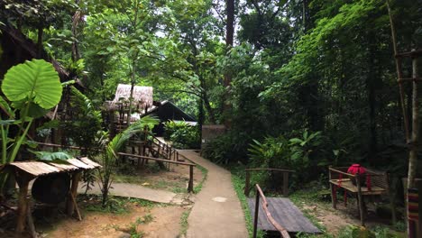 a paved pathway winds through the tropical forest with rustic benches and traditional buildings visible in mari mari cultural village, kota kinabalu, malaysia - push in pov wide angle
