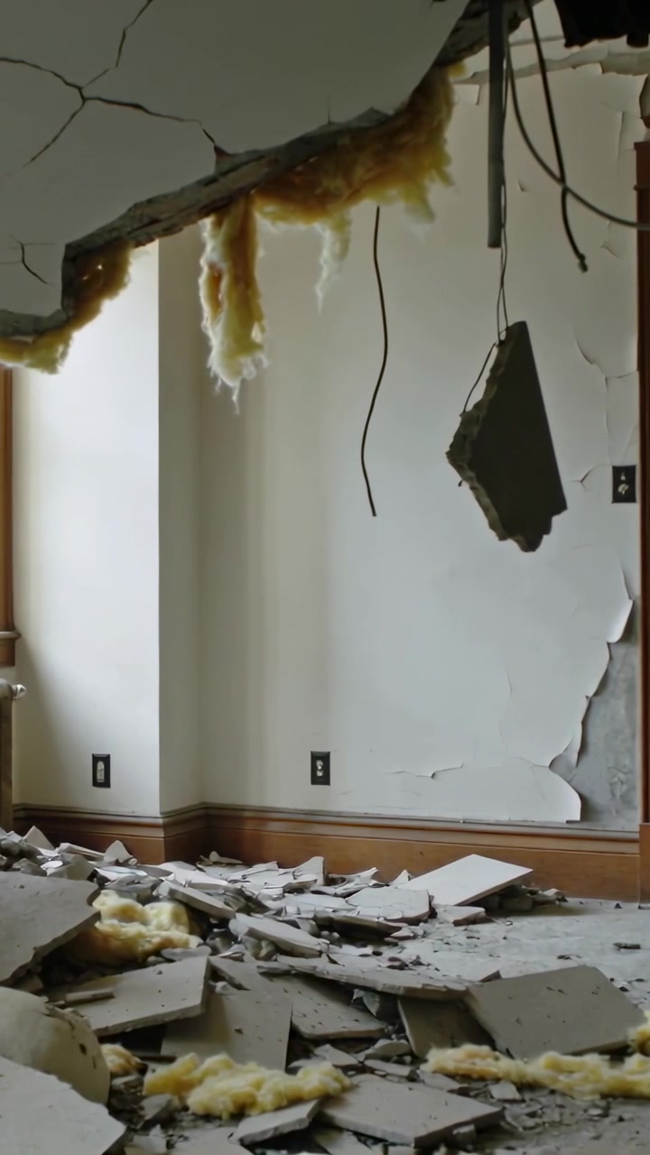 Vertical video: Collapsing ceiling after leak dropping drywall, insulation and wires at home