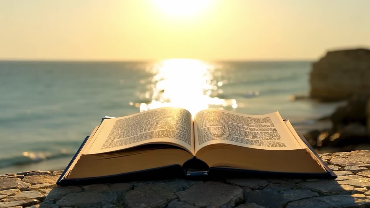 Libro aperto appoggiato su una superficie di pietra, con pagine che si girano sullo sfondo di un meraviglioso tramonto sull'oceano