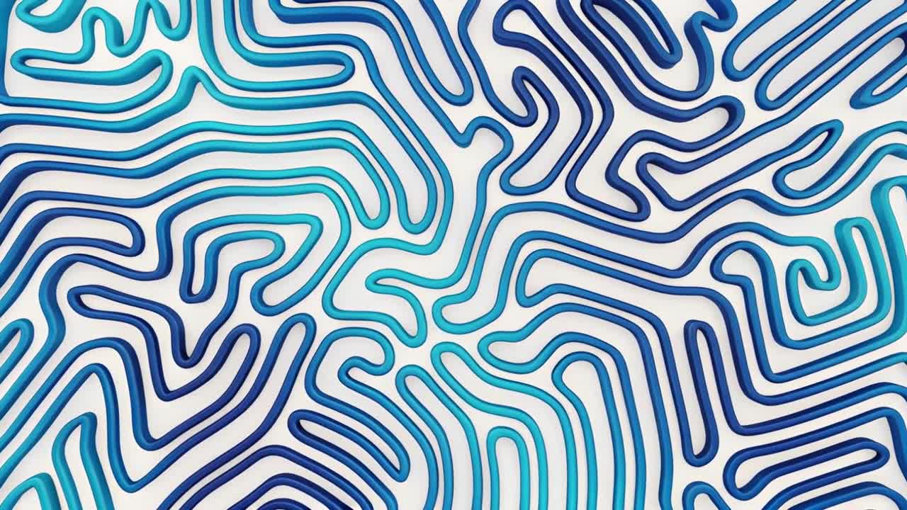 Nastri fluidi blu astratti che si torcono dinamicamente con riflessi lucidi in un'animazione di sfondo digitale moderna e fluida